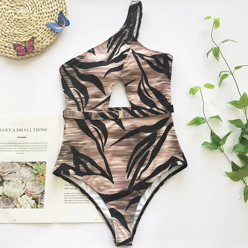 One Shoulder Print Belt Swimsuit - One Shoulder Swimsuit - Uniqistic.com