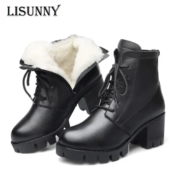 

LISUNNY 2019 Winter Martin Boots Wool Women Snow Boot Zipper Lace up Femme Genuine Leather Chaussures Fur High heel female Shoes