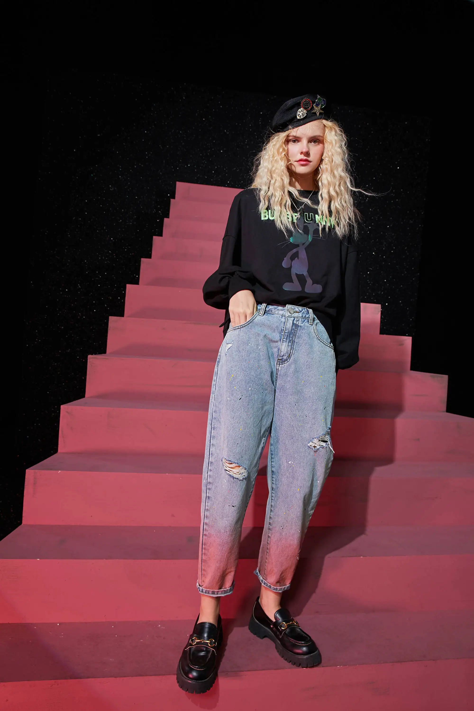 ELFSACK Pink Gradient High Waist Washed Casual Women Denim Jeans,2020 Autumn ELF Ripped Hole Korean Female Daily Basic Trousers