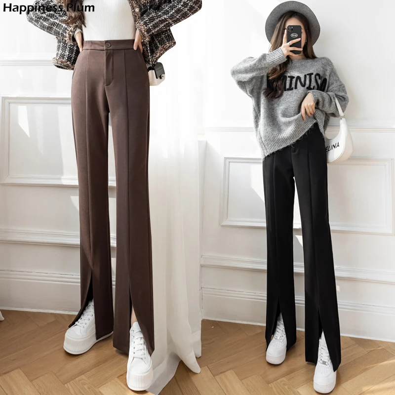 

High-waist straight-leg flared pants women's autumn/winter 2021 new style Korean fashion split casual woolen wide-leg pants