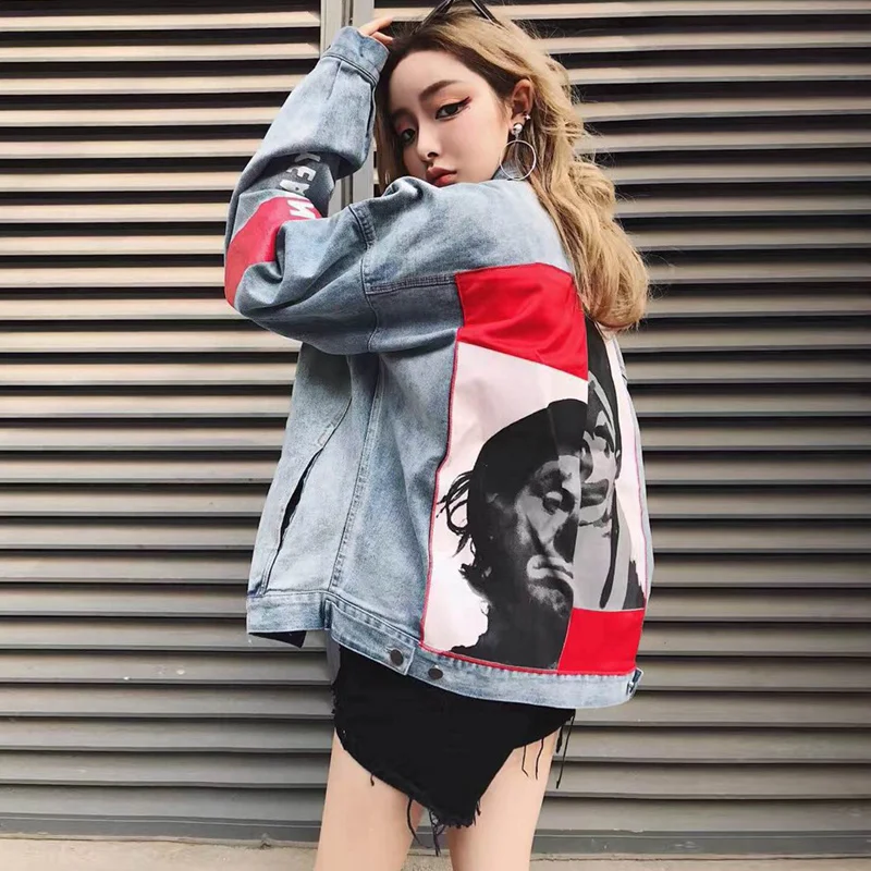 

Denim Jacket Women Korean Harajuku Pattern Funny Print Design Patchwork Bomber Jeans Coat Female Outerwear Hip Hop Streetwear