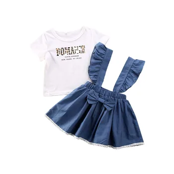 

1-5Y Toddler Baby Kid Girls Clothing Set Letter Short Sleeve T Shirts Ruffles Bow Skirts Overalls Outfits Summer Costumes