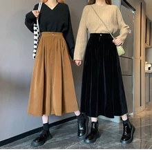 

2021 Autumn Winter Warm Suede Velvet Korean Leisure Style Long Pleated Skirt Women Yellow A Line High Waist Skirt Maxi Female