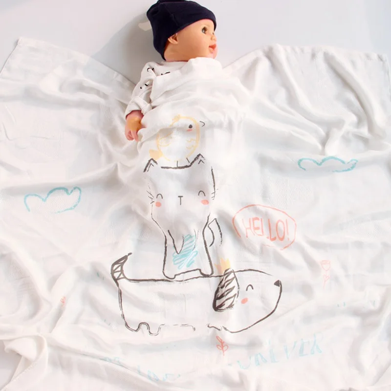 MOTOHOOD Cotton Animal Print Muslin Baby Blankets Bedding Infant Swaddle Towel For Newborns Swaddle Blanket Kids Beddings Quilt (4)