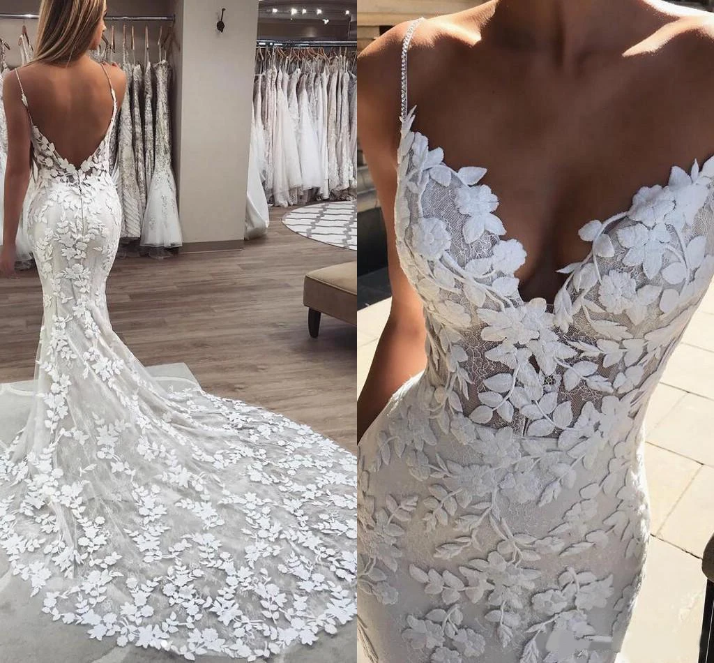 

2020 mermaid Wedding Dresses 3D Floral Applique Lace backless Sweep tulle Train Plus Size boho beach Bridal Gowns Robe De