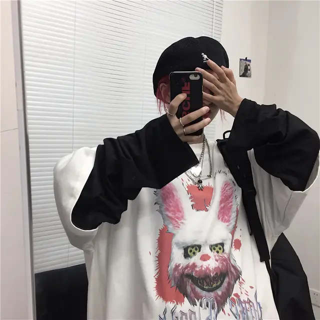 Autumn new trend dark hip-hop cross printing loose large size fake two-piece long-sleeved T shirt for men and women 10