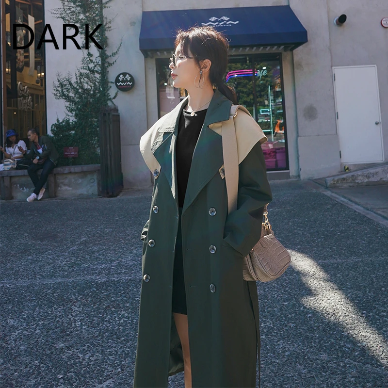 

[DARK] Contrasting Color Hong Kong Wind Windbreaker Women's Mid-length Spring And Autumn New Waisted British Over-the-knee Coat