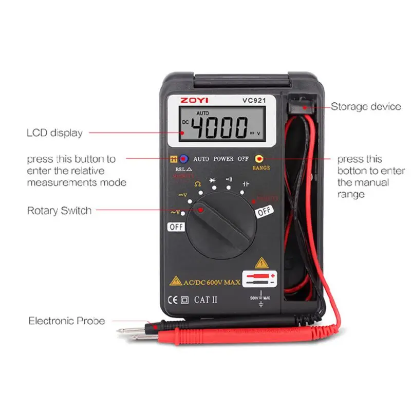 ZOYI VC921 Digital Multimeter Capacitance AC/DC Transistor Voltage Tester Probe