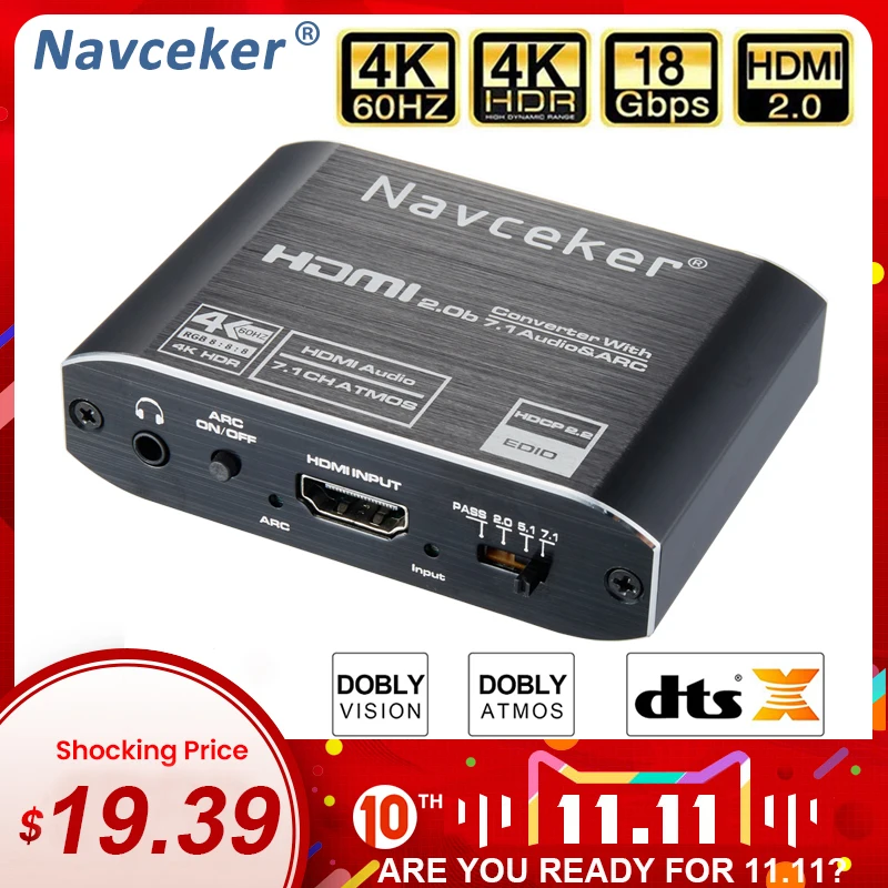 

Navceker 4K 60Hz HDMI 2.0 Audio Extractor 5.1 ARC HDMI Audio Extractor Splitter HDR HDMI to Audio Switch Optical TOSLINK SPDIF