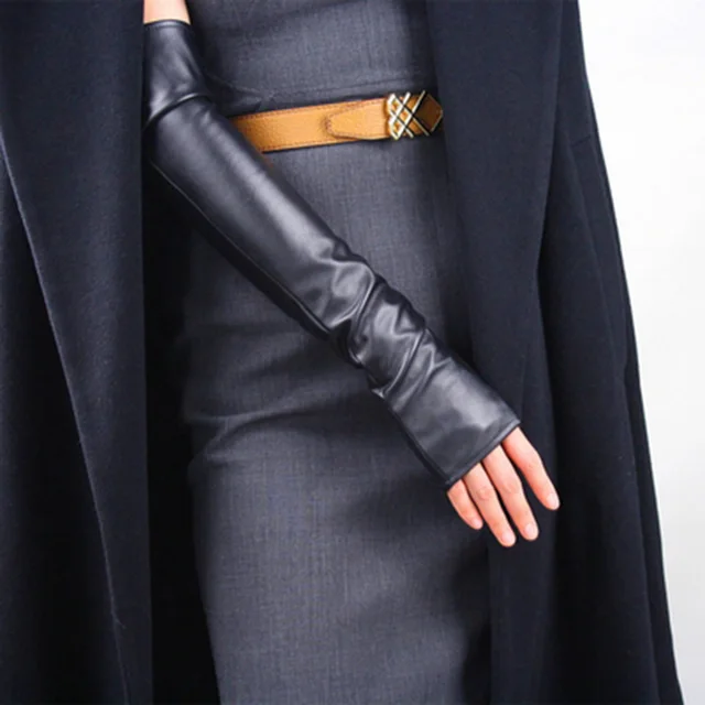 Women's Thin Long Fingerless Pu Leather Driving Gloves Winter Warm Half Finger Arm Sleeve Nightclub Show Touch Screen Mitten M36 1