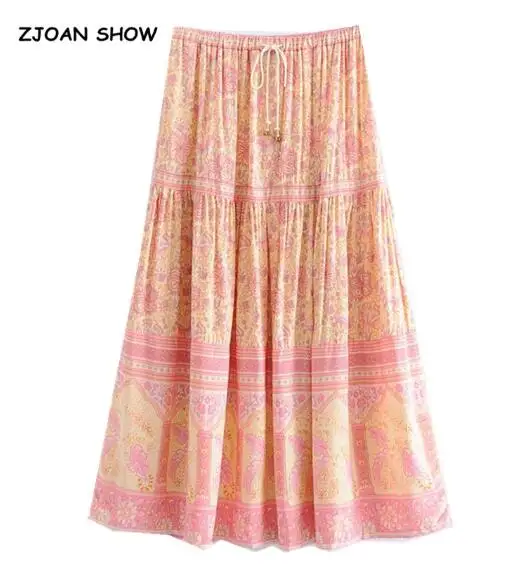 Новинка, богемная кружевная длинная юбка миди с вырезами и цветочным принтом, красная Праздничная Женская эластичная юбка с высокой талией, пляжные юбки