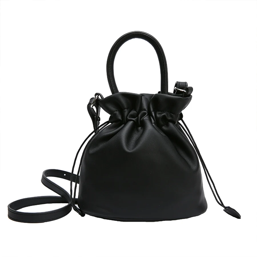 Trendy Mini Drawstring Bucket Bag Women Soild Color Messenger Handbags Pu  Leather Small Shoulder Cross Body Bags Torebki Damskie