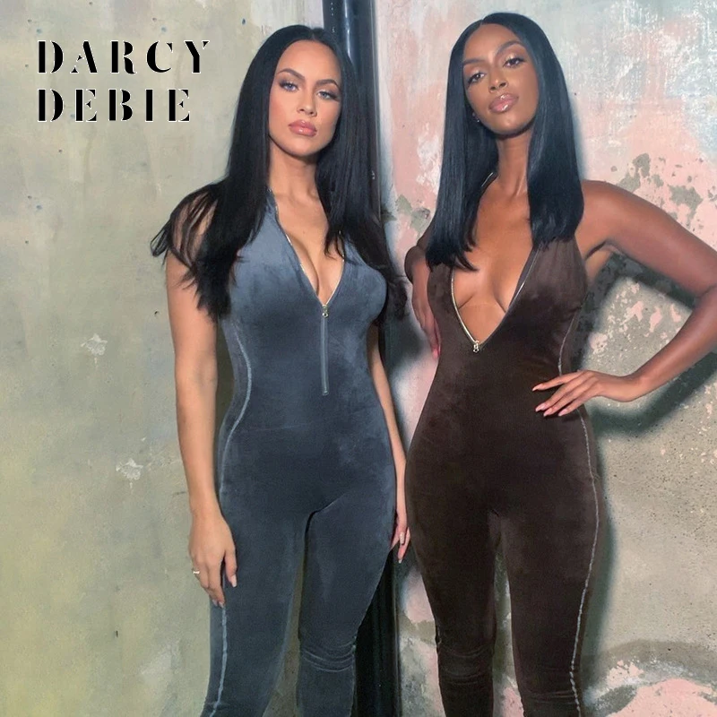 Darcydebie autumn winter women velvet sleeveless zipper patchwork bodycon sexy jumpsuit streetwear club outfits