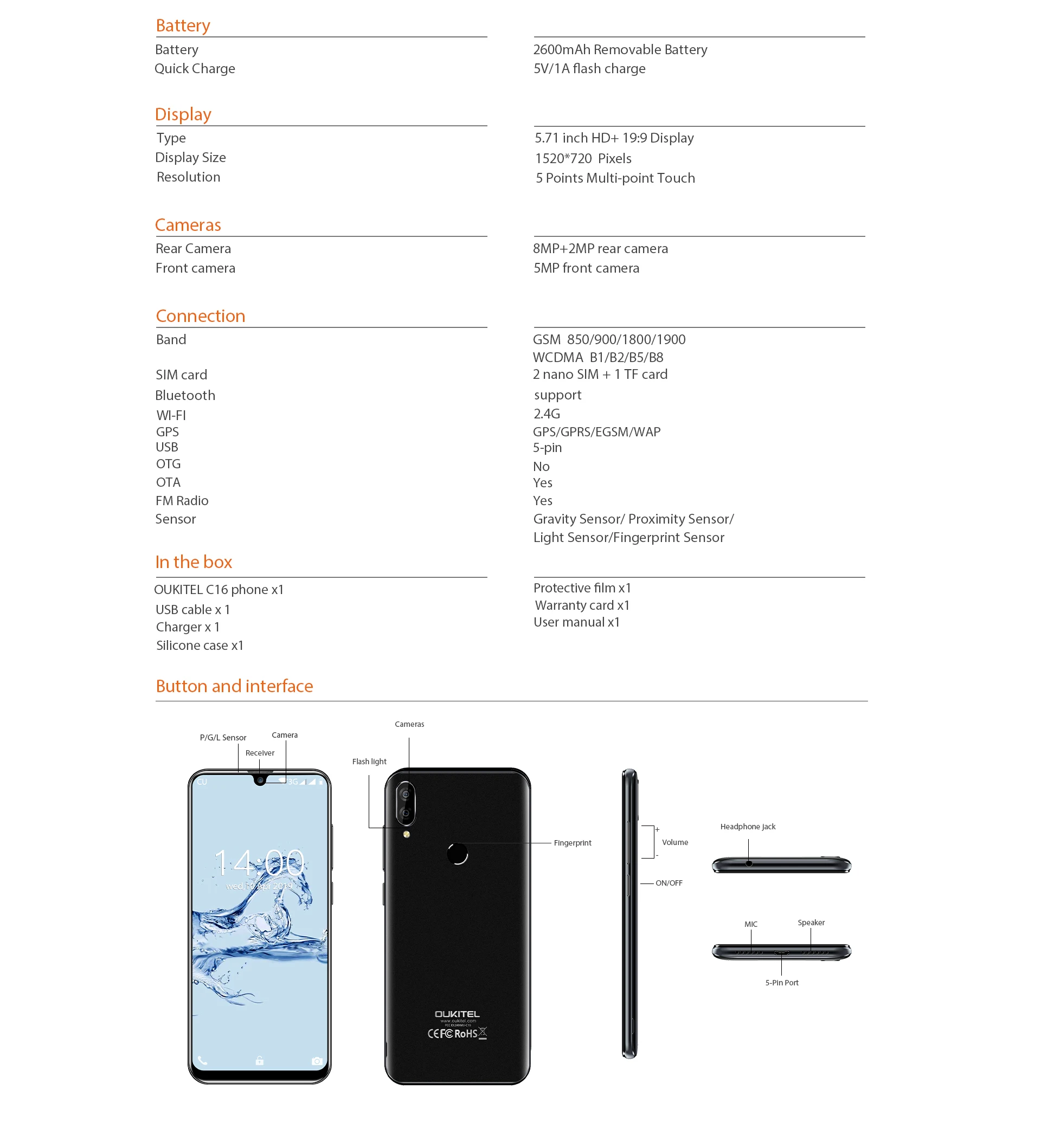 OUKITEL C16 смартфон 5,7" HD 19:9 экран капли Android 9,0 отпечаток пальца мобильный телефон MT6580P 2G ram 16G rom 2600mAh разблокировка