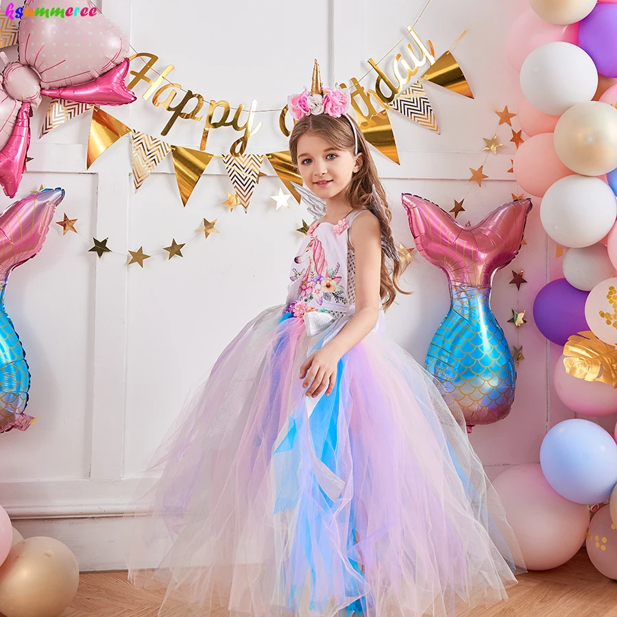 Robe Licorne À Longue Queue Pour Filles, Tenue De Fête D'anniversaire,  Élégante, Costume De Princesse De Carnaval, Bandeau, Arc-en-ciel Pastel -  Robes - AliExpress