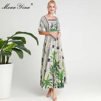 

MoaaYina Fashion Designer Runway dress Spring Summer Women Dress Flare Sleeve Crystal Rainforest Print Long Dresses