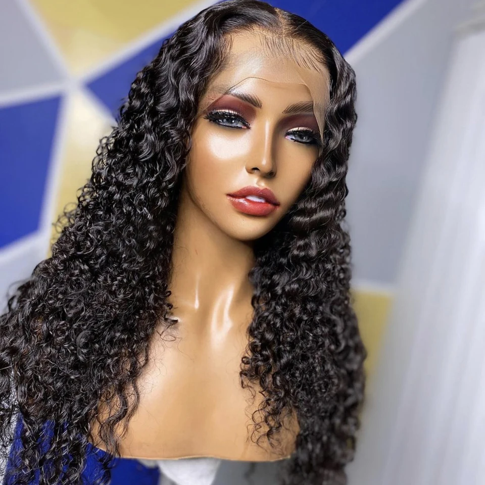 Middle Part 180% Density 26 Inch Long Lace Synthetic Wig For Black Women Kinky Curly With BabyHair Natural Hairline Glueless | Шиньоны и