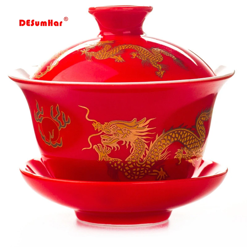Ручная роспись Красный Дракон Gaiwan чайный набор Посуда для чая кунг фу чайная
