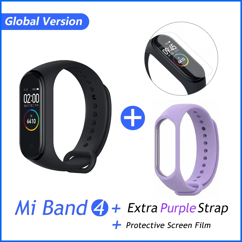 Фирменный Xiaomi mi браслет 4 браслет mi Band 4 фитнес-браслет 3 цвета AMOLED экран музыкальный контроль Smartband - Цвет: GB Purple Film