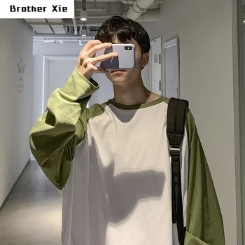 

Autumn New T Shirt Men Fashion Contrast Color Casual O-neck Long-sleeved Tshirt Man Streetwear Wild Loose T-shirt Tops M-2XL