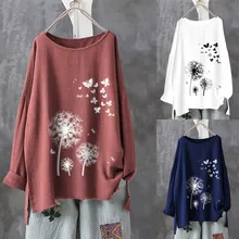 30 # mujeres camiseta otoño 2019 Casual Vintage diente de león estampado mariposa flor manga larga camisa Top Moda Poleras Mujer 2019