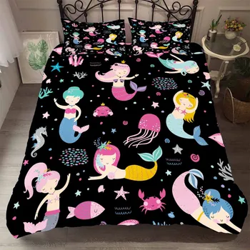 

BEST.WENSD wholesale 2/3pcs single Twin kids Black bedding set Marine animal Home,hotel duvet set Mermaid Lovely Princess Bed