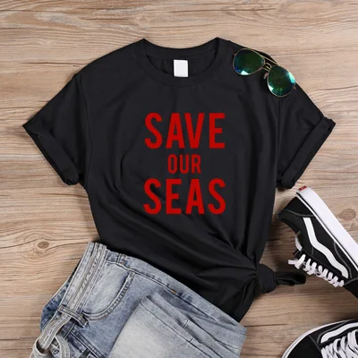 ONSEME SAVE our SEAS лозунг летняя белая женская футболка Эстетическая одежда простые футболки для женщин лучшие друзья футболка Q-693 - Цвет: Black-Red