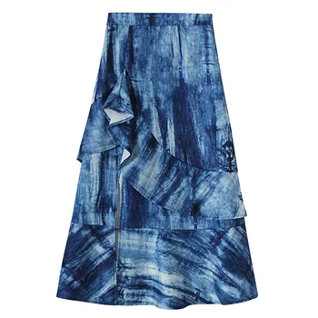 

2020 Blue Printing Skirt High Waist Irregular New Autumn Winter Vintage Fashion Loose Women Mid-length Skirt Tide