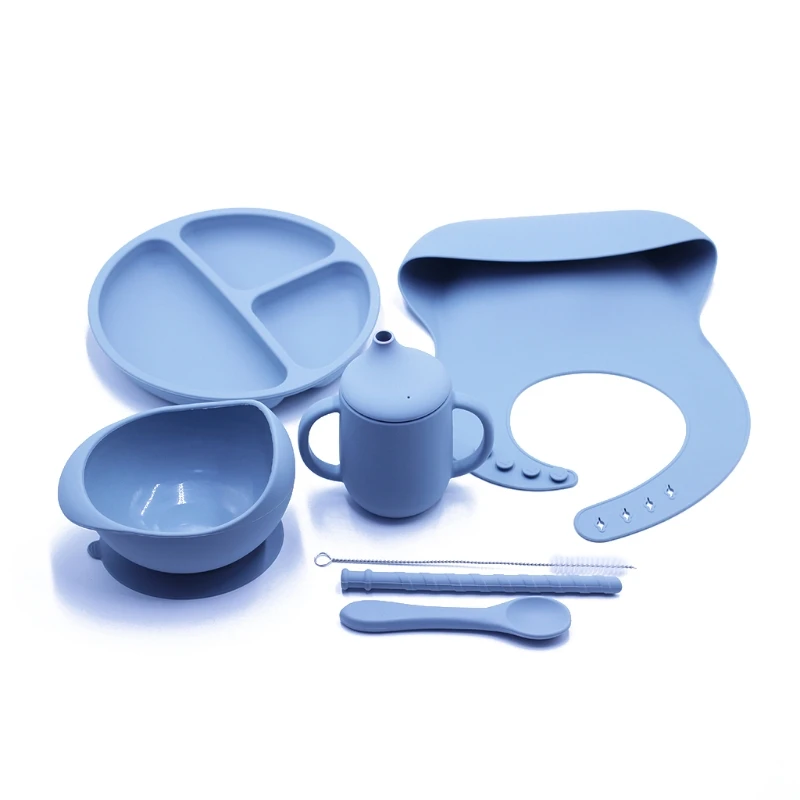 

7pcs/set BPA Free Baby Silicone Tableware Waterproof Bib Solid Color Dinner Plate Sucker Bowl And Spoon For Children