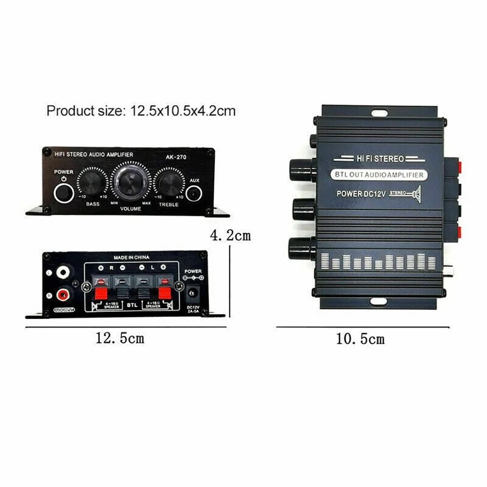 Mini amplificador de audio, mini amplificador de potencia ASHATA AK170 de  12 V, con baja tasa de distorsión para audio, resolución de 20 W + 20 W  47K