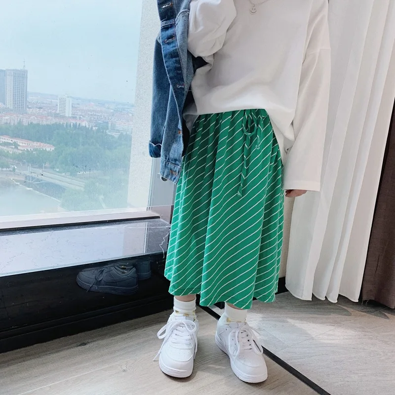 Новая Осенняя детская юбка в полоску для девочек, Корейская юбка Joker, осенняя трикотажная юбка, детская одежда для девочек - Цвет: Зеленый