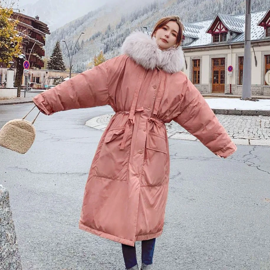 

Photo Shoot INS Grapefruit Powder Hooded Model Large Fur Collar Workwear Cotton Coat Elegant Waist Hugging Long Drawstring Large