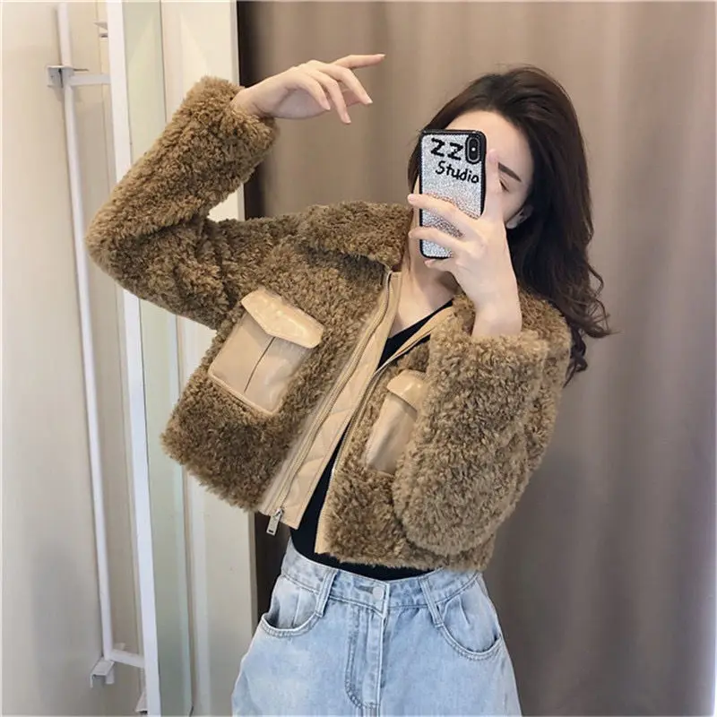 

Short lamb coat female Korean version of loose autumn and winter new design sense celebrity retro Hong Kong flavor top