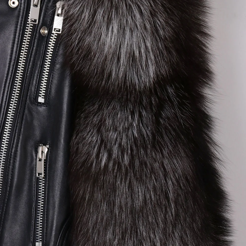 YOLOAgain women stand collar short genunie leather jacket ladies silver fox fur sleeve real leather jacket