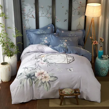

Chinoiserie Blossom Print Duvet Quilt Cover Blue Gray Asian Style Botanical Tree Branches 100%Cotton Bedding set Queen King size