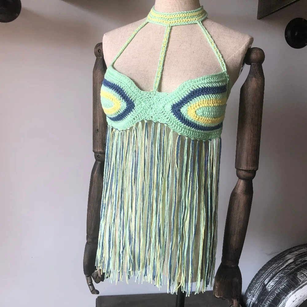 Вязание крючком бикини сексуальный женский бикини с кисточками Топ Boho пляжный купальник бахрома вязаная крючком бикини бюстгальтер Холтер Camisoles Tank купальник