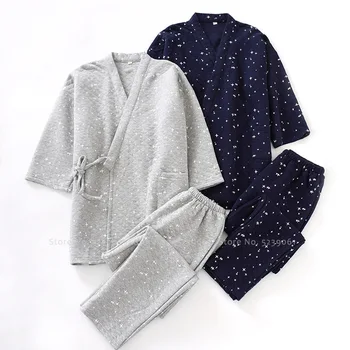 

Japanese Traditional Kimono Pajamas Set Men Winter Home Sleepwear Loose Trousers Tops Pyjamas Bath Robe Haori Yukata Outfit Suit
