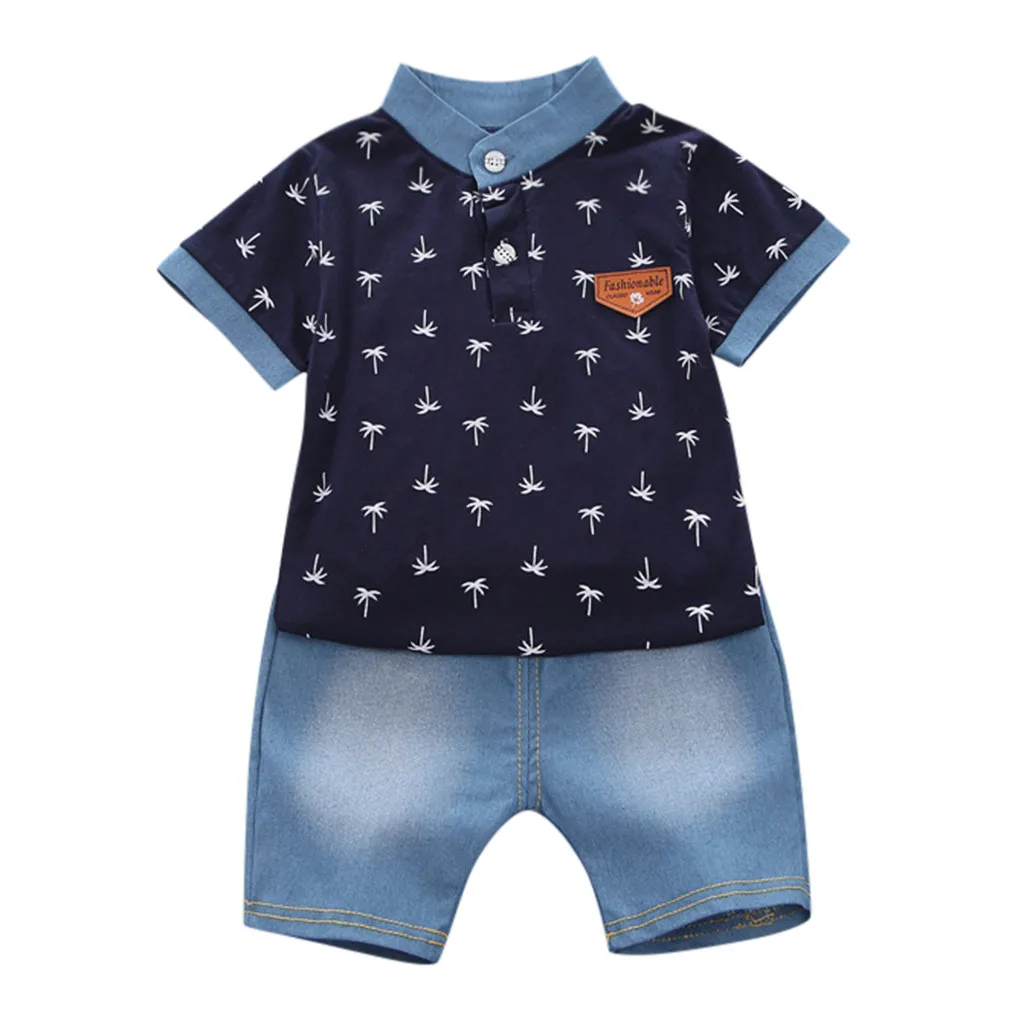Комплект из топа и штанов; Модная рубашка с короткими рукавами и принтом короны для маленьких мальчиков комплект из топа и джинсовых штанов для детей - Цвет: Dark blue