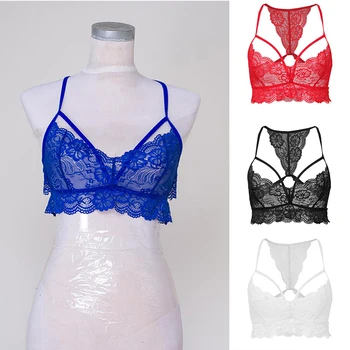 

Sexy Women Sheer Lace Bustier Crop Tops Unpadded Push Up Bra Racerback Bralette Intimate Underwear