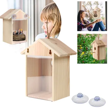 

Wood Bird Nests Outdoor Suction Cup Visible Bird Home Garden Window Birdhouse Courtyard Bird Cages Adornment
