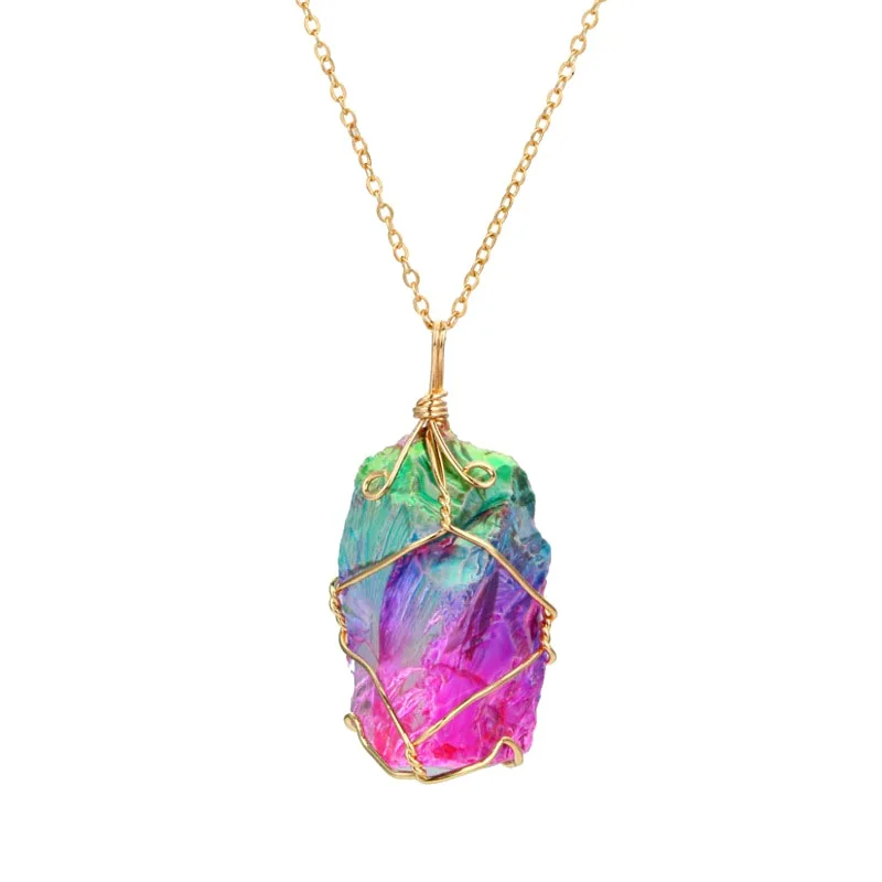 

Irregular Natural Rainbow Stone Healing Quartz Crystal Pendant Necklace Full Gold Wire Wrapped Valentines Day Gift arco iris new