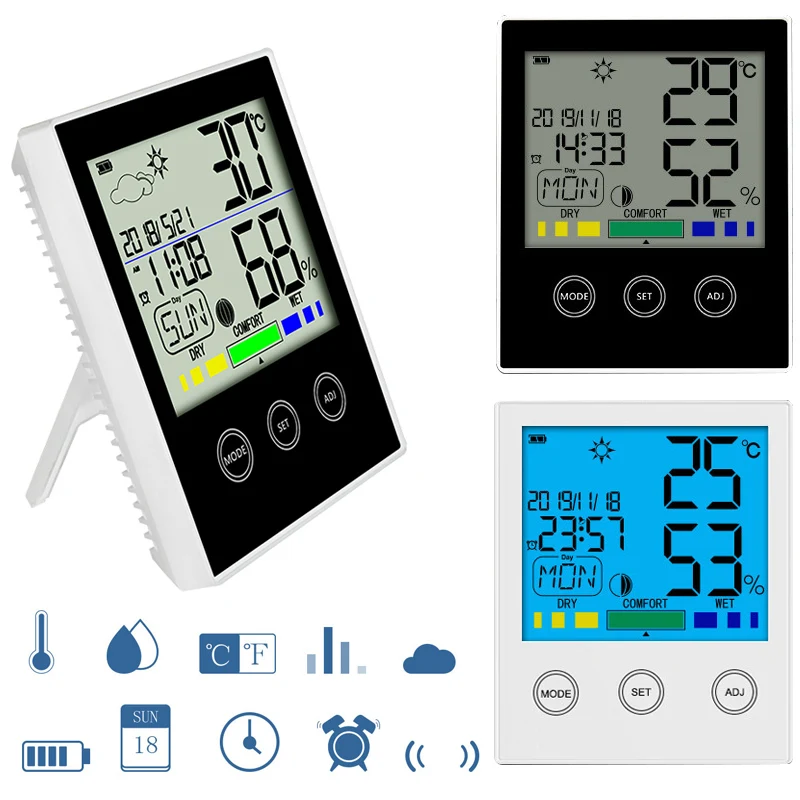 

Touch Weather Station Indoor Outdoor Forecast Thermometer Temperature Humidity Meter Hygrometer Meter Monitor Clock Alarm
