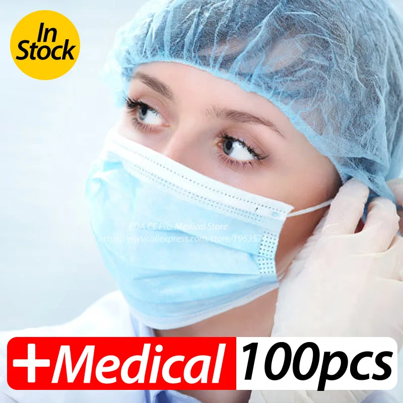 

2019-nCov Medical Masks 100Pcs/Pack Surgical 3-Ply PM2.5 Nonwoven Disposable Mouth Masks Soft Breathable Flu Hygiene Face Mask