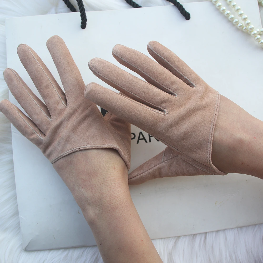 Women's Runway Fashion Natural Suede Leather Gloves Half Palm Gloves