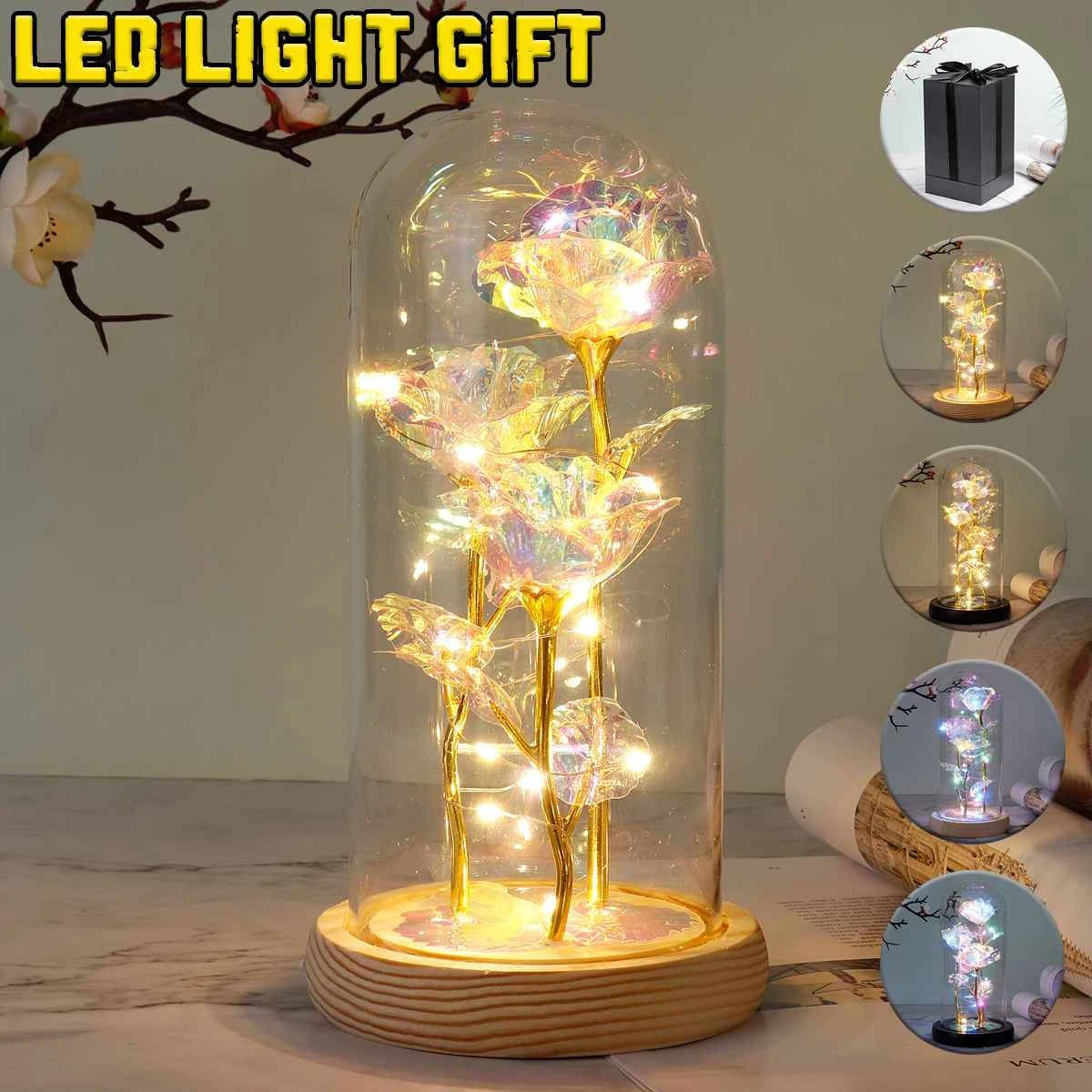 Glass Globe Display Dome Cover Cloche Bell Jar With Led Immortal Flower