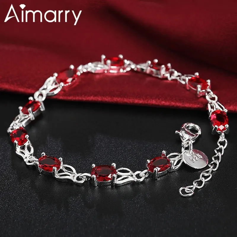 Aimarry 925 стерлингового серебра красный кристалл браслет цепочка для женщин Подарки на день рождения помолвки
