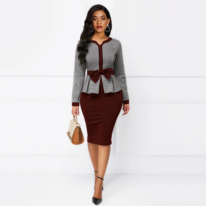

Sisjuly Women Dress Bodycon Winter Bowknot Sheath Long Sleeve Office Ladies Color Block Patchwork Elegant Chic OL Dresses Girl