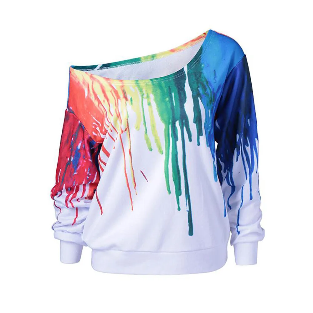 JAYCOSIN Fashion Women Simple Casual Loose Rainbow Print Sweatshirt Long Sleeve Comfortable Soft Pullover Blouse Sweatshirt
