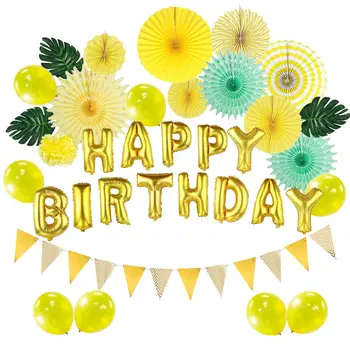 

Happy Birthday Balloons Party Decoration Set Summer Hawaiian Palm Leaf Paper Fans Wavy Pennant String Tropical Party Luau Decor
