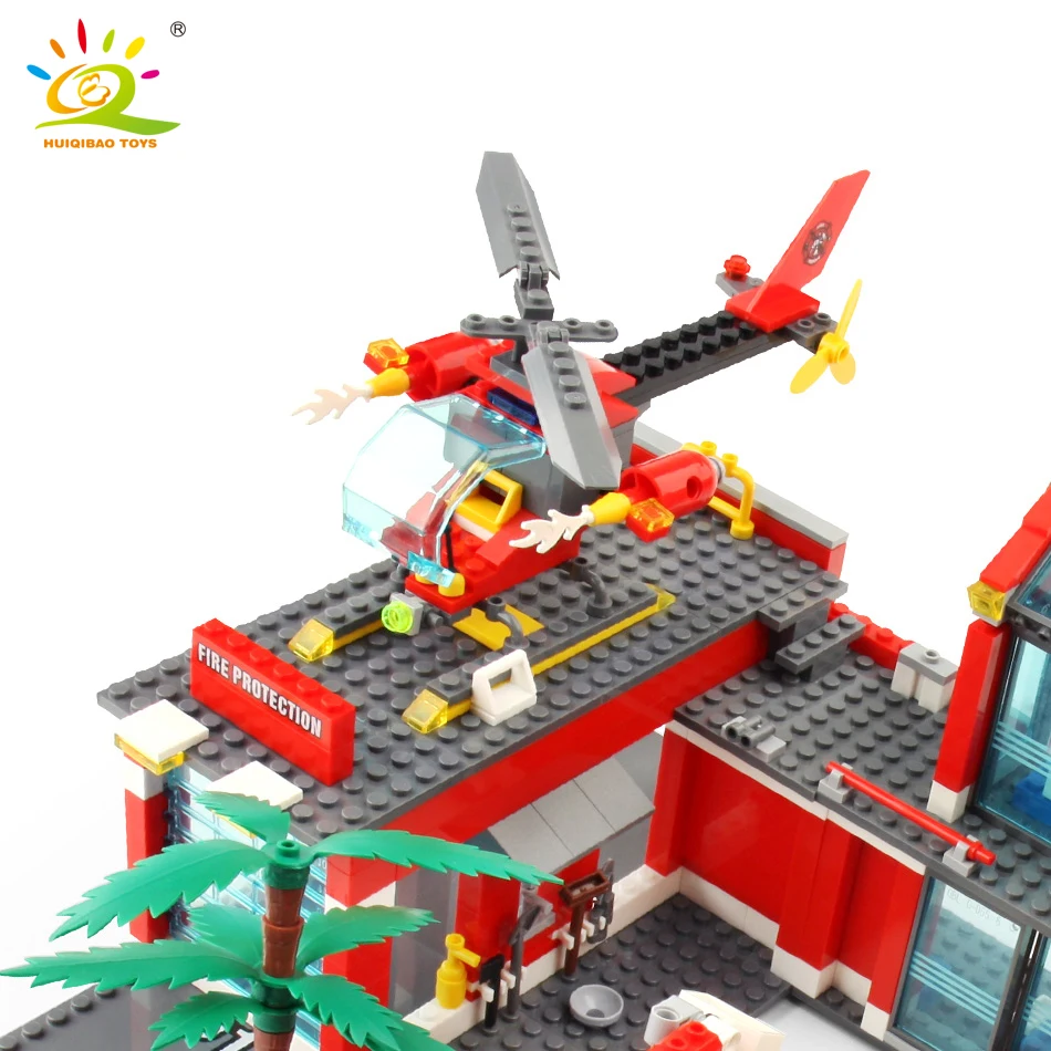 HUIQIBAO 756pcs Fire Station Model Building Blocks Truck Helicopter Firefighter Bricks City Educational Toys For Children Gift 4